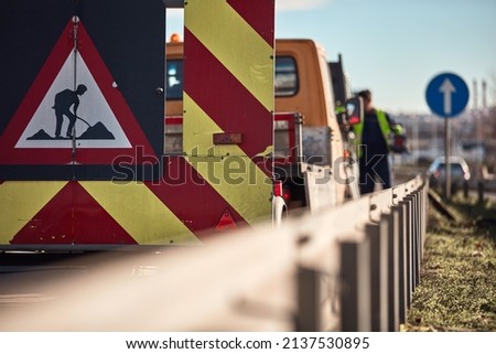Public road work and closure sign. Royalty-Free Stock Photo #2137530895