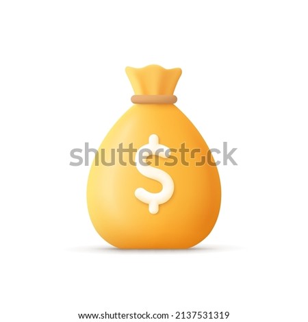 Money bag with dollar icon. Cash, interest rate, business and finance, return on investment, financial solution, prepayment and down payment concept. 3d vector icon. Cartoon minimal style. Royalty-Free Stock Photo #2137531319