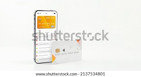 Mobile banking network. Smartphone with internet online bank application. Debit card on white background. Save currency money wallet