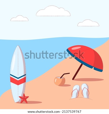 Vector cartoon style background of seashore with beach umbrella and surf board. Relax at the sea in the summer at the beach.