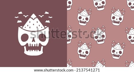 Trendy skull and mountain on chocolate background seamless pattern. Modern vintage, pop art style seamless pattern concept.