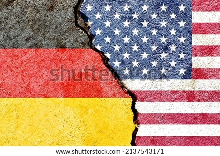 Grunge Germany vs USA national flags isolated on cracked dirty wall background, abstract Germany US politics relationship friendship divided conflicts concept texture wallpaper