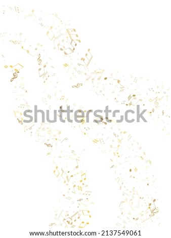 Musical notes symbols flying vector illustration. Notation melody record classic clip art. Rock music studio background. Gold metallic musical notation.