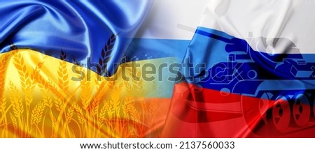 Collage with flags of Ukraine, Russia, drawn tank and wheat spikelets. Stop the war Royalty-Free Stock Photo #2137560033