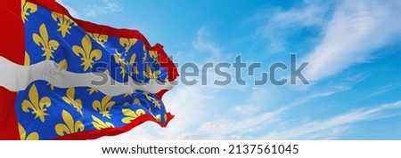 flag of department of Cher, France at cloudy sky background on sunset, panoramic view. French travel and patriot concept. copy space for wide banner. 3d illustration