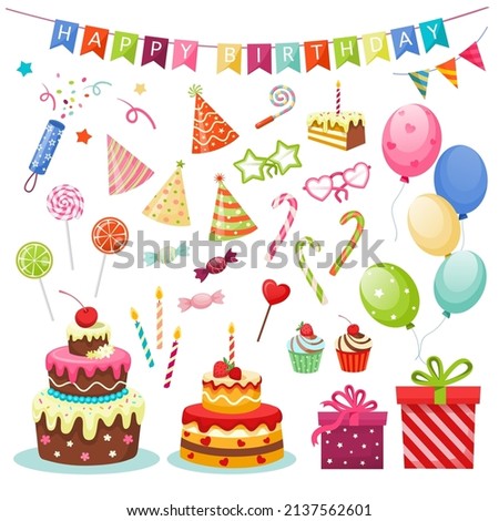 Birthday party decorations. Cartoon holiday elements set. Flags or light garlands. Carnival masks and gifts. Crackers with confetti. Bunch of balloons. Vector festive sweet desserts
