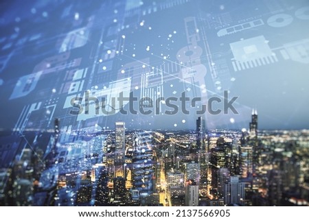 Multi exposure of abstract graphic coding sketch on Chicago cityscape background, big data and networking concept