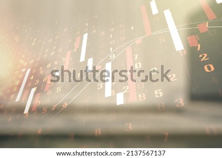 Multi exposure of virtual abstract financial graph interface on blurry contemporary office building background, financial and trading concept