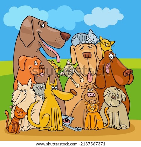 Cartoon illustration of funny dogs and cats animal characters group