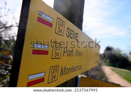 Vannes, France, March 18, 2022 : Sign indicating several hiking trails around Vannes in Brittany 