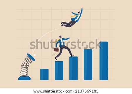 Competitive advantage or innovation to outsmart and overtake business winning, strategy or smart way to win business or career growth concept, businessman jumping springboard to outsmart competitor. Royalty-Free Stock Photo #2137569185