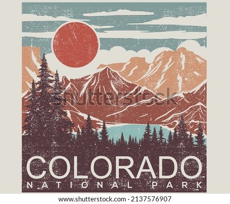 Colorado adventure vintage print design for t shirt and others. National park graphic artwork for sticker, poster, background.  Royalty-Free Stock Photo #2137576907
