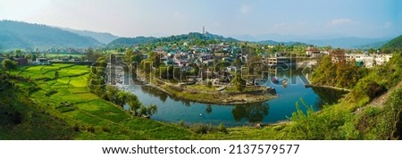 Beautiful Nature Areal Photography river and village, Panorama Photography Uttarakhand India  Royalty-Free Stock Photo #2137579577