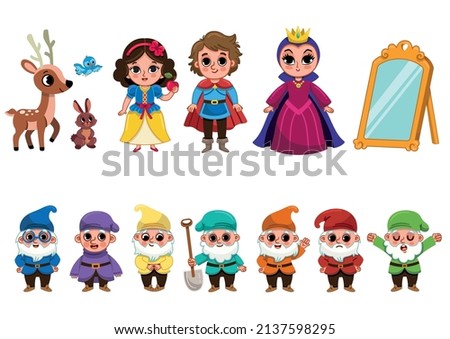 Fairy tale character set with princess, prince, evil queen and seven dwarfs. Vector illustration for kids.  Royalty-Free Stock Photo #2137598295