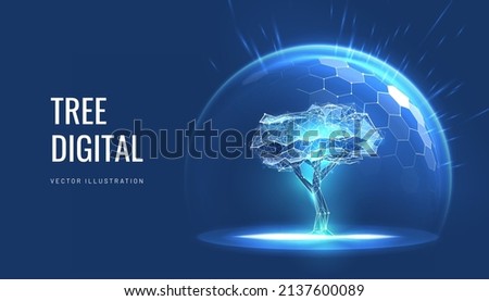 Glass dome as tree protection in digital futuristic polygonal style. Glowing growth shielded from the environment by a force field concept of investment in the agricultural sector Royalty-Free Stock Photo #2137600089