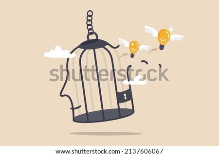 Free your mind and let creativity idea and imagination fly, mindfulness thinking, break free to get solution for business problem concept, flying light bulb idea break free from human head bird cage.