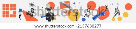 Contemporary art collage made of shots of young men and women, managers working hardly isolated over white background, Concept of business, finance, career, co-workers, teambuilding. Flyer Royalty-Free Stock Photo #2137630277