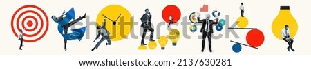 Ideas, tasks, deadlines. Contemporary art collage made of shots of young men and women, managers working hardly isolated over white background, Concept of business, finance, career. Flyer