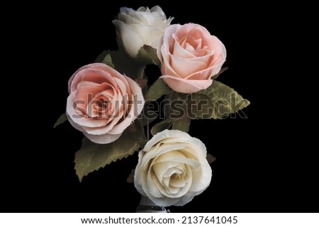 Vintage flower style,pink rose and white rose on black background,made of cloth,macro picture,still life in studio
