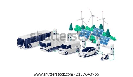 Company electric cars fleet charging on parking lot with fast charger station and many charger stalls. Bus, truck, van, motorcycle, business vehicles on renewable solar wind energy in network grid. Royalty-Free Stock Photo #2137643965
