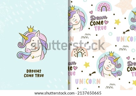 Cute unicorn drawing card and seamless pattern