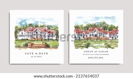 Watercolor wedding invitation of nature landscape with beautiful house and trees