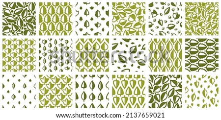 Stylish cartoon leaves seamless vector pattern set, endless wallpaper or textile swatch with tree floral, green spring life theme pic collection.