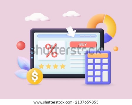 Online loan and internet shop concept 3d vector illustration. Get credit online with low interest and continue shopping. Sale and discount in online store, digital technology