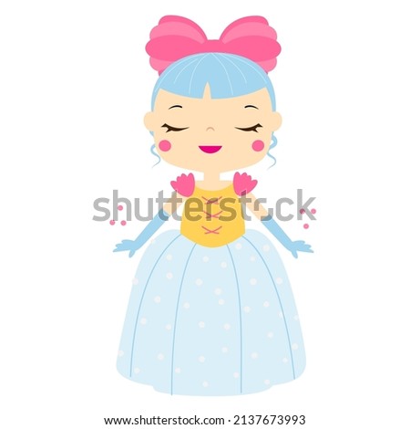 Cartoon girl in beautiful blue dress and pink bow. Cute princess. Vector clip art