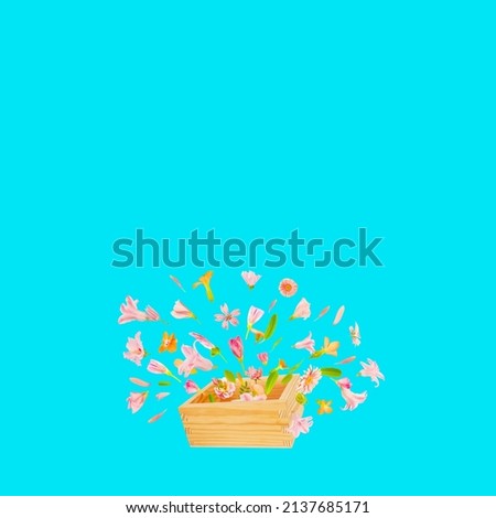 Art floral wooden box crate with beautiful natural flowers. Trendy colorful blooming abstract idea with wood jardiniere symbol of summer shape composition. Botany concept with blossoms 