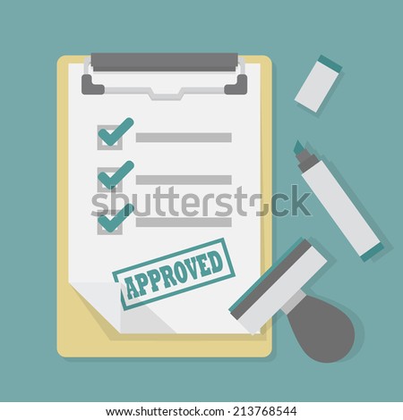 Approved paper document on clipboard with stamp and marker