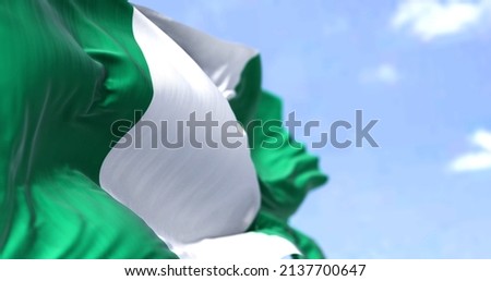 Detail of the national flag of Nigeria waving in the wind on a clear day. Nigeria It is the most populous country in Africa. Selective focus. Royalty-Free Stock Photo #2137700647