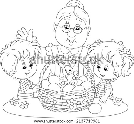 Happy granny and merry little children with a traditional holiday basket of painted Easter eggs and a cute toy bunny, black and white vector cartoon illustration for a coloring book page