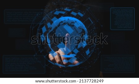The businessman touches the projection of the planet. Concept of globality of customer network structure, data exchange connections, digital marketing, communication network and internet business.