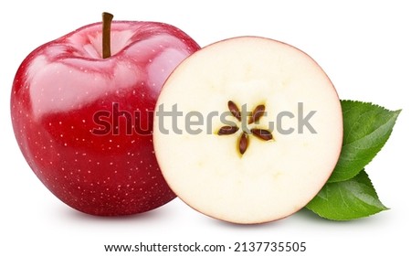 Red apple fruit with leaves. Red apple isolated on white background. Apple clipping path.