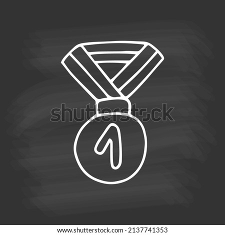 Single hand drawn medal for winner on chalkboard. White outline on black background. Cute element in doodle style for card, social media banner, sticker, decoration kids playroom. Vector illustration.