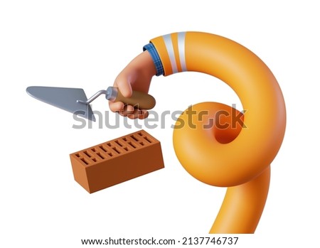 3d render, twisted elastic cartoon human hand holds trowel and red brick. Professional bricklayer holds building tool. Construction masonry clip art isolated on white background