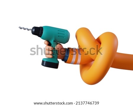 3d render, flexible knotted cartoon human hand holds green electric drill. Professional builder with equipment. Construction tool. Renovation service clip art isolated on white background