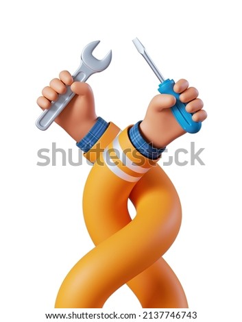 3d render, cartoon tangled flexible human hands hold screwdriver and spanner wrench. Professional electrician or plumber with building tools. Construction worker clip art isolated on white background