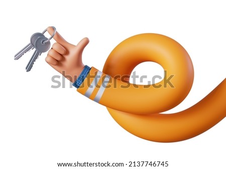 3d render, flexible spiral twisted cartoon human hand holds keys. House owner concept. Rental service clip art isolated on white background