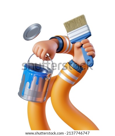 3d render, flexible cartoon caucasian human hands hold bucket with blue paint and brush. Professional painter with equipment. Construction or renovation service clip art isolated on white background