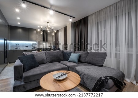 Interior of expensive living room in studio apartments or flat with sofa  Royalty-Free Stock Photo #2137772217