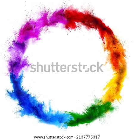 colorful rainbow holi paint color powder explosion ring circle with copy space isolated on white background. peace rgb beautiful party concept Royalty-Free Stock Photo #2137775317
