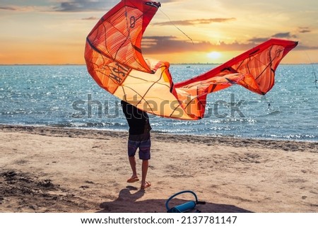 Young adult caucasian fit male person enjoy prepare kite surf board in sun uv protection suit on bright sunny day against blue sky at sea or ocean shore. Watersport adrenaline fun adventure acitivity Royalty-Free Stock Photo #2137781147