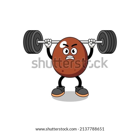 chocolate egg mascot cartoon lifting a barbell , character design