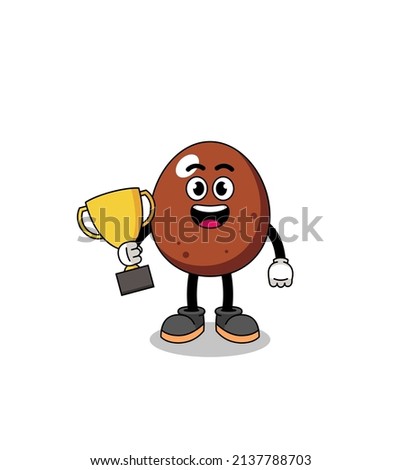 Cartoon mascot of chocolate egg holding a trophy , character design