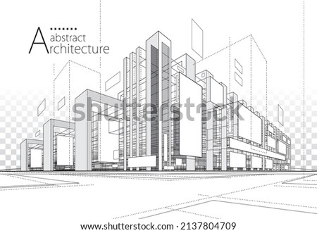 3D illustration linear drawing. Imagination architecture urban building design, architecture modern abstract background.  Royalty-Free Stock Photo #2137804709