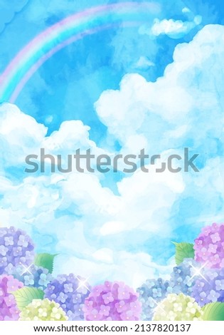 Vector illustration of blue sky, rainbow and hydrangea