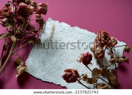 A sheet of paper with dried roses made of recycled paper. Secondary production. Making paper with your own hands at home.