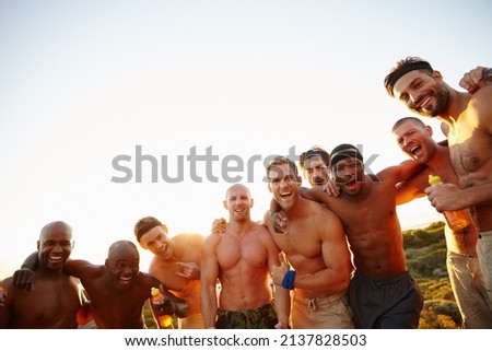 Masculine energy. Cropped portrait of a group of macho male friends in the outdoors. Royalty-Free Stock Photo #2137828503